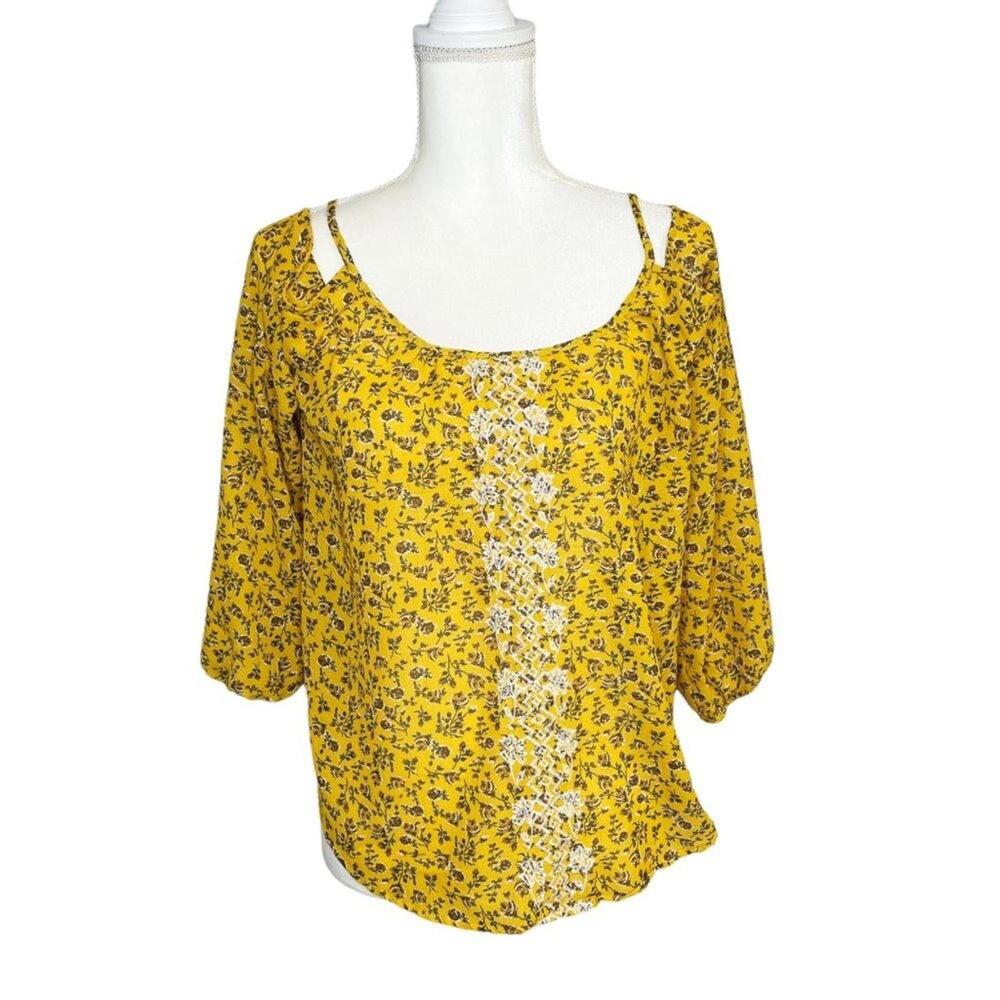 Rewind Cold Shoulder Flowy Mustard Ditsy Floral Lace Blouse‎ Small Western Boho